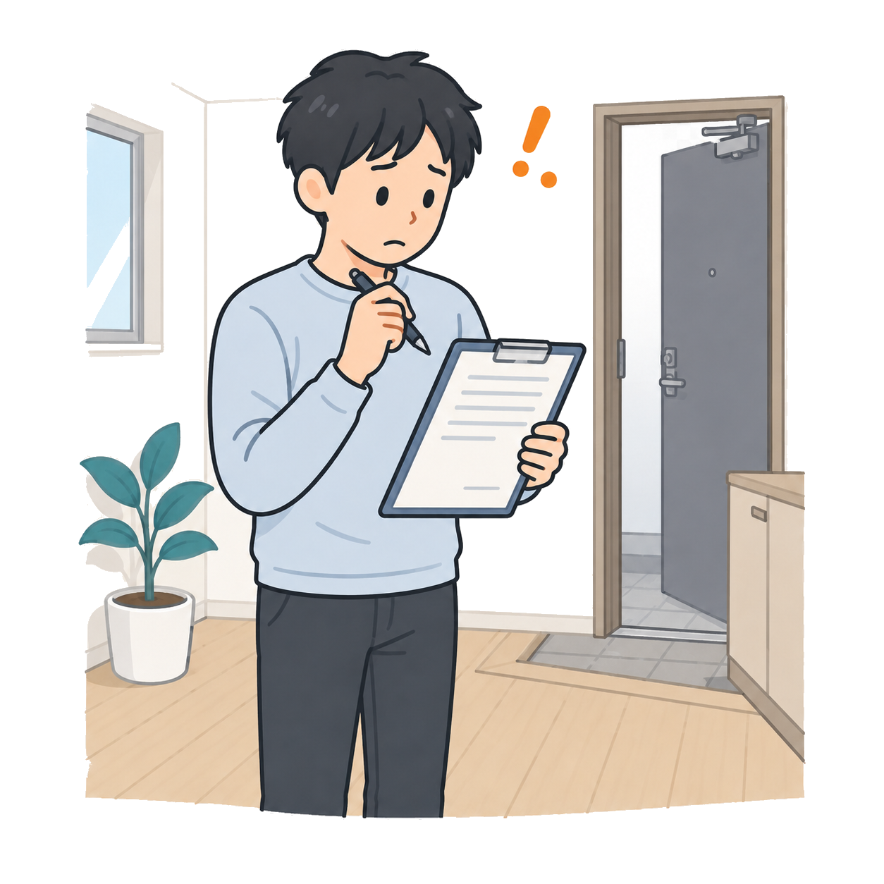 退去立会いで署名を迷う入居者のイラスト